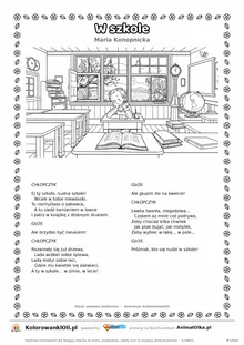 W szkole (Maria Konopnicka) — tekst wiersza i ilustracja do kolorowania, karta A4 do druku