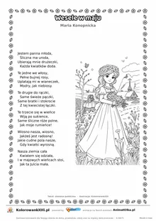 Wesele w maju (Maria Konopnicka) — tekst wiersza i ilustracja do kolorowania, karta A4 do druku