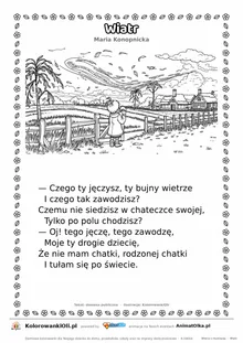 Wiatr (Maria Konopnicka) — tekst wiersza i ilustracja do kolorowania, karta A4 do druku