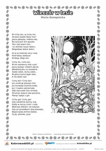 Wieczór w lesie (Maria Konopnicka) — tekst wiersza i ilustracja do kolorowania, karta A4 do druku