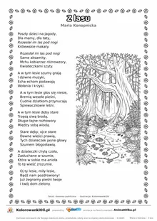 Z lasu (Maria Konopnicka) — tekst wiersza i ilustracja do kolorowania, karta A4 do druku