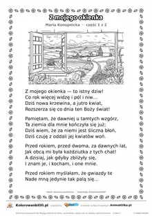 Z mojego okienka (Maria Konopnicka) — tekst wiersza i ilustracja do kolorowania (część 1 z 2), karta A4 do druku