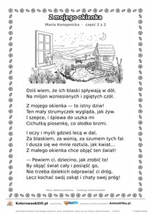 Z mojego okienka (Maria Konopnicka) — tekst wiersza i ilustracja do kolorowania (część 2 z 2), karta A4 do druku