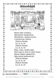 Zielone Świątki (Maria Konopnicka) — tekst wiersza i ilustracja do kolorowania, karta A4 do druku