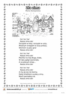 Zła zima (Maria Konopnicka) — tekst wiersza i ilustracja do kolorowania, karta A4 do druku