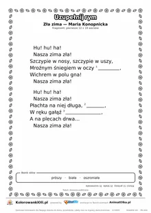 Uzupełnij rym — Zła zima (Maria Konopnicka): karta pracy z lukami w rymach, A4