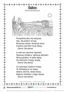 Żniwa (Maria Konopnicka) — tekst wiersza i ilustracja do kolorowania, karta A4 do druku