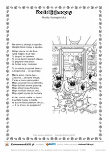 Zosia i jej mopsy (Maria Konopnicka) — tekst wiersza i ilustracja do kolorowania, karta A4 do druku