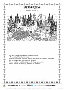 Bocian i jeleń (Ignacy Krasicki) — tekst wiersza i ilustracja do kolorowania, karta A4 do druku