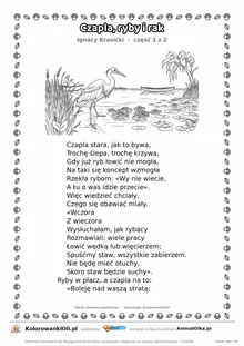 Czapla, ryby i rak (Ignacy Krasicki) — tekst wiersza i ilustracja do kolorowania (część 1 z 2), karta A4 do druku