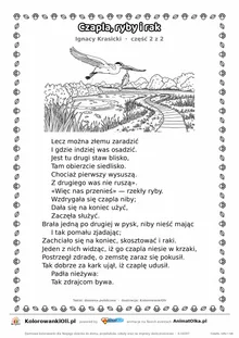 Czapla, ryby i rak (Ignacy Krasicki) — tekst wiersza i ilustracja do kolorowania (część 2 z 2), karta A4 do druku