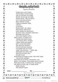 Czapla, ryby i rak (Ignacy Krasicki) — tekst wiersza do druku A4 z ramką do pokolorowania