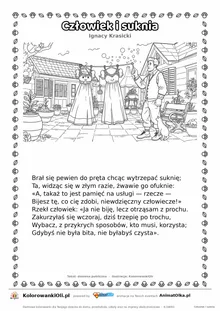 Człowiek i suknia (Ignacy Krasicki) — tekst wiersza i ilustracja do kolorowania, karta A4 do druku