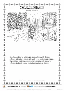 Człowiek i wilk (Ignacy Krasicki) — tekst wiersza i ilustracja do kolorowania, karta A4 do druku