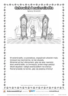 Człowiek i zwierciadła (Ignacy Krasicki) — tekst wiersza i ilustracja do kolorowania, karta A4 do druku