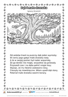 Dąb i małe drzewka (Ignacy Krasicki) — tekst wiersza i ilustracja do kolorowania, karta A4 do druku