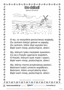 Do dzieci (Ignacy Krasicki) — tekst wiersza i ilustracja do kolorowania, karta A4 do druku
