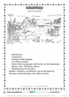 Dzieci i żaby (Ignacy Krasicki) — tekst wiersza i ilustracja do kolorowania, karta A4 do druku
