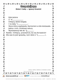 Uzupełnij rym — Dzieci i żaby (Ignacy Krasicki): karta pracy z lukami w rymach, A4