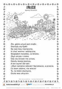 Fiałki (Ignacy Krasicki) — tekst wiersza i ilustracja do kolorowania, karta A4 do druku