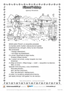 Filozof i chłop (Ignacy Krasicki) — tekst wiersza i ilustracja do kolorowania, karta A4 do druku