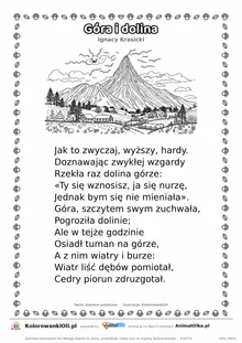 Góra i dolina (Ignacy Krasicki) — tekst wiersza i ilustracja do kolorowania, karta A4 do druku