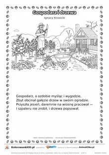 Gospodarz i drzewa (Ignacy Krasicki) — tekst wiersza i ilustracja do kolorowania, karta A4 do druku