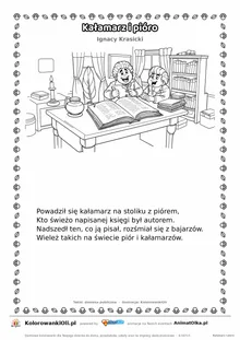 Kałamarz i pióro (Ignacy Krasicki) — tekst wiersza i ilustracja do kolorowania, karta A4 do druku