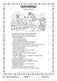 Koń i wielbłąd (Ignacy Krasicki) — tekst wiersza i ilustracja do kolorowania, karta A4 do druku