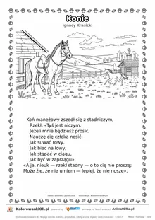 Konie (Ignacy Krasicki) — tekst wiersza i ilustracja do kolorowania, karta A4 do druku