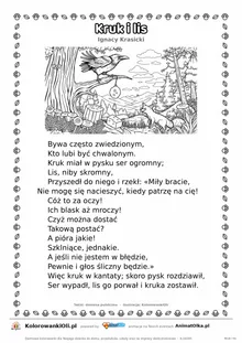Kruk i lis (Ignacy Krasicki) — tekst wiersza i ilustracja do kolorowania, karta A4 do druku