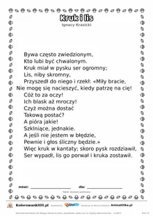 Kruk i lis (Ignacy Krasicki) — tekst wiersza do druku A4 z ramką do pokolorowania