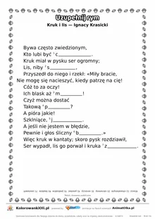 Uzupełnij rym — Kruk i lis (Ignacy Krasicki): karta pracy z lukami w rymach, A4