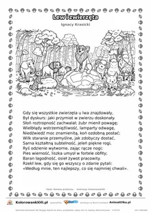 Lew i zwierzęta (Ignacy Krasicki) — tekst wiersza i ilustracja do kolorowania, karta A4 do druku