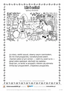 Lis i osieł (Ignacy Krasicki) — tekst wiersza i ilustracja do kolorowania, karta A4 do druku