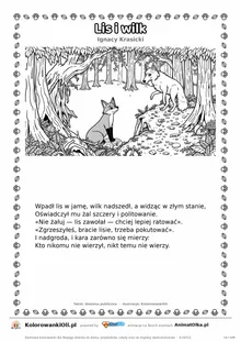 Lis i wilk (Ignacy Krasicki) — tekst wiersza i ilustracja do kolorowania, karta A4 do druku