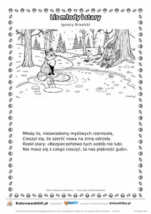 Lis młody i stary (Ignacy Krasicki) — tekst wiersza i ilustracja do kolorowania, karta A4 do druku