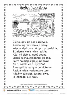 Lwica i maciora (Ignacy Krasicki) — tekst wiersza i ilustracja do kolorowania, karta A4 do druku