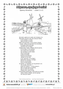Młynarz, syn jego i osieł (Ignacy Krasicki) — tekst wiersza i ilustracja do kolorowania (część 1 z 2), karta A4 do druku
