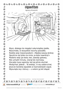 Mysz i kot (Ignacy Krasicki) — tekst wiersza i ilustracja do kolorowania, karta A4 do druku