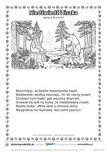 Niedźwiedź i liszka (Ignacy Krasicki) — tekst wiersza i ilustracja do kolorowania, karta A4 do druku