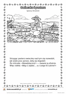 Owieczka i pasterz (Ignacy Krasicki) — tekst wiersza i ilustracja do kolorowania, karta A4 do druku