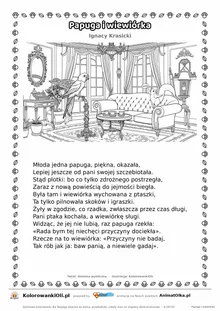 Papuga i wiewiórka (Ignacy Krasicki) — tekst wiersza i ilustracja do kolorowania, karta A4 do druku