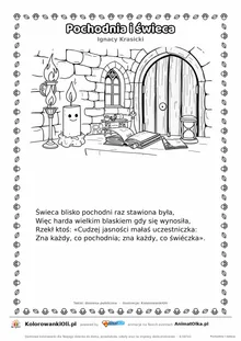 Pochodnia i świeca (Ignacy Krasicki) — tekst wiersza i ilustracja do kolorowania, karta A4 do druku