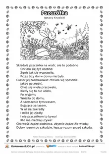 Pszczółka (Ignacy Krasicki) — tekst wiersza i ilustracja do kolorowania, karta A4 do druku