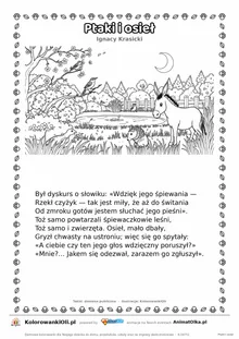 Ptaki i osieł (Ignacy Krasicki) — tekst wiersza i ilustracja do kolorowania, karta A4 do druku