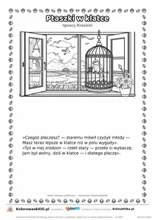 Ptaszki w klatce (Ignacy Krasicki) — tekst wiersza i ilustracja do kolorowania, karta A4 do druku