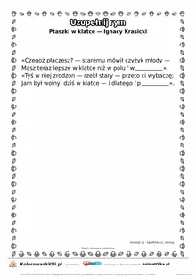 Uzupełnij rym — Ptaszki w klatce (Ignacy Krasicki): karta pracy z lukami w rymach, A4