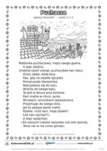 Puchacze (Ignacy Krasicki) — tekst wiersza i ilustracja do kolorowania (część 1 z 2), karta A4 do druku