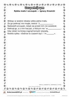 Uzupełnij rym — Rybka mała i szczupak (Ignacy Krasicki): karta pracy z lukami w rymach, A4